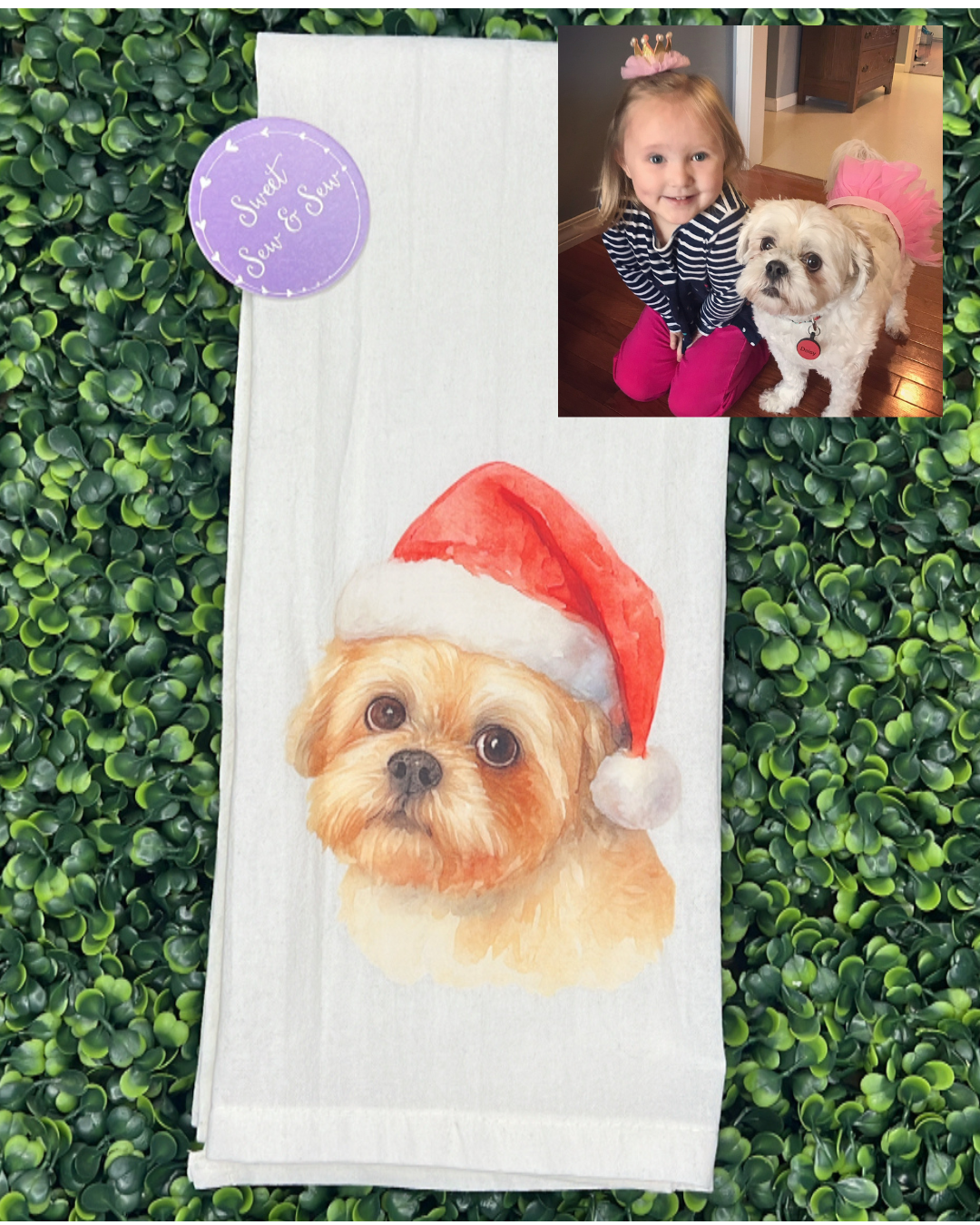 Custom Watercolor Pet with Santa Hat Tea Towel